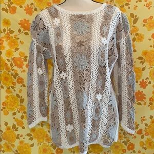 Vintage Knitted by Hand Floral Boho Sweater
